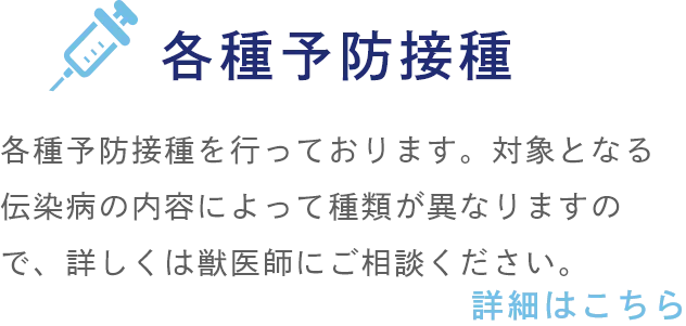 各種予防接種 各種予防接種を行っております。対象となる伝染病の内容によって種類が異なりますので、詳しくは獣医師にご相談ください。。